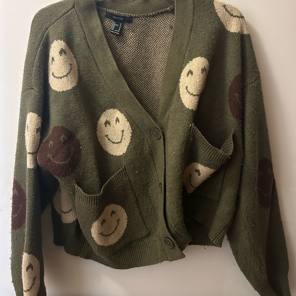 Olive Green Smiley Face Cardigan Sweater
